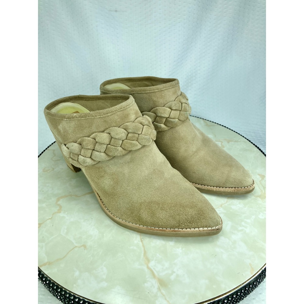 Dolce Vita Braided Suede Pointed Toe Mules Women 8.5 Tan Block Heel Chic Slip On